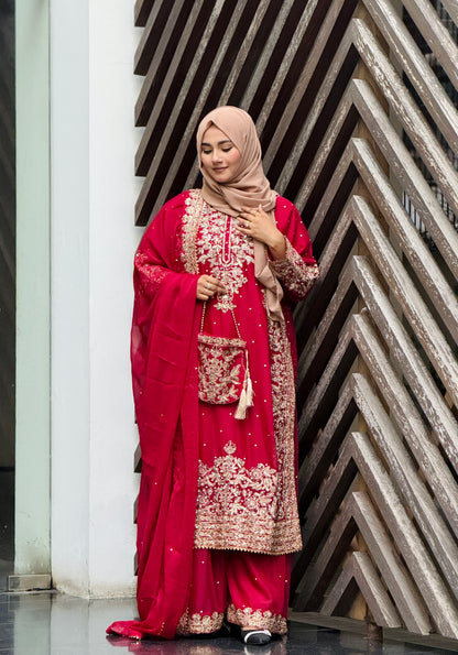 Back and side view of Haseens Lamyah maroon festive wear party dress, buy original Pakistani dresses online in BD.