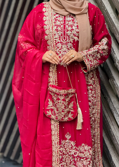 Close-up shot of Haseens Official Lamyah straight cut kurta embroidery and chiffon fabric, top Pakistani boutique collection online.
