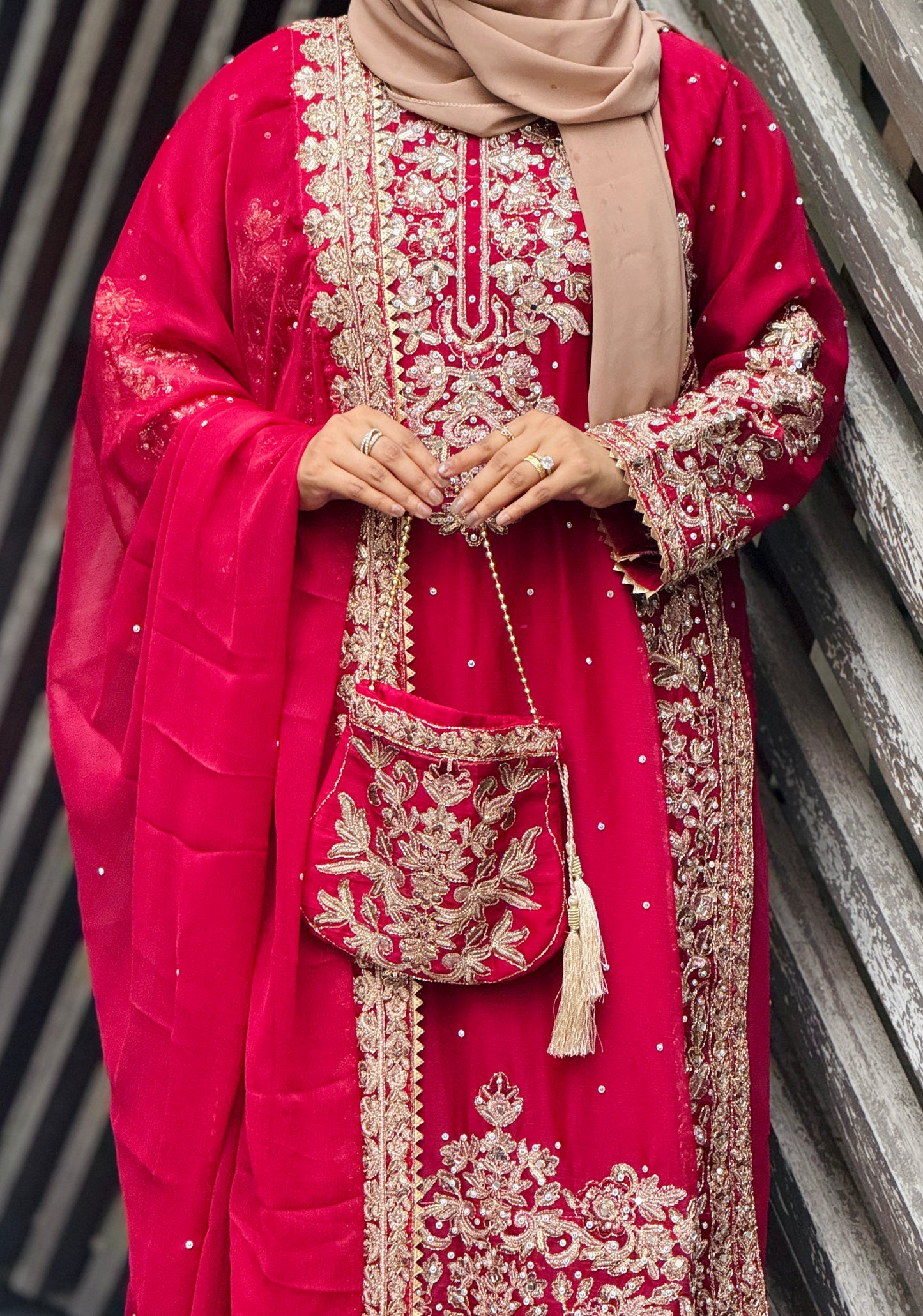 Haseens Lamyah maroon sharara paired with matching dupatta and potli bag, authentic Pakistani designer suits price in Bangladesh.