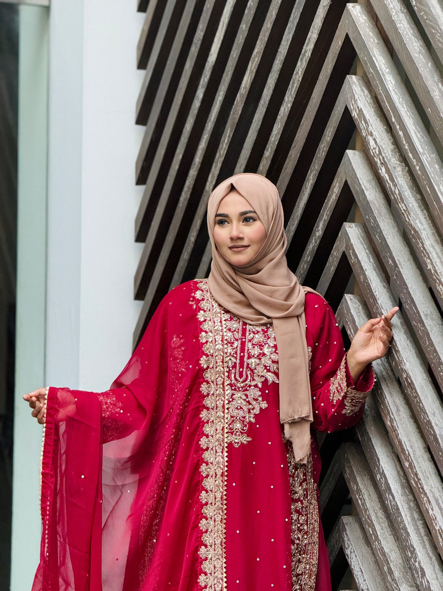 Full-length display of Haseens Official Lamyah luxury chiffon sharara outfit, best Pakistani clothing brand shopping online in BD.