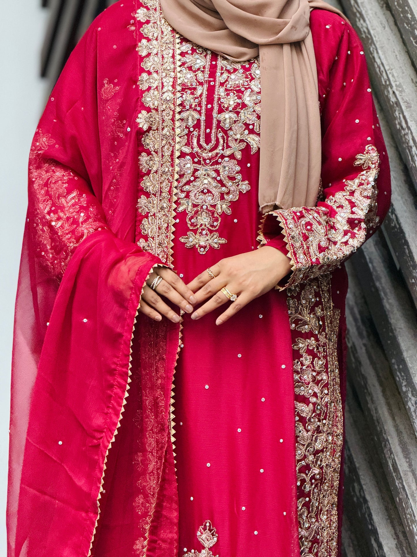 Detailed view of Haseens Lamyah festive wear party dress sleeves and neckline, pre-order Pakistani dresses with 30% advance in Bangladesh
