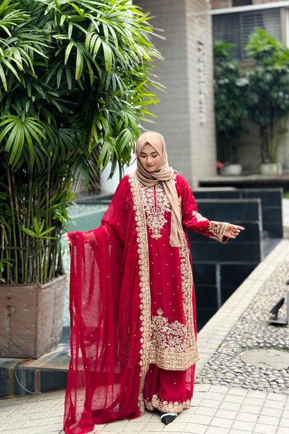 Exclusive Haseens Lamyah maroon chiffon flared sharara collection photography, original Pakistani dresses website in Bangladesh.