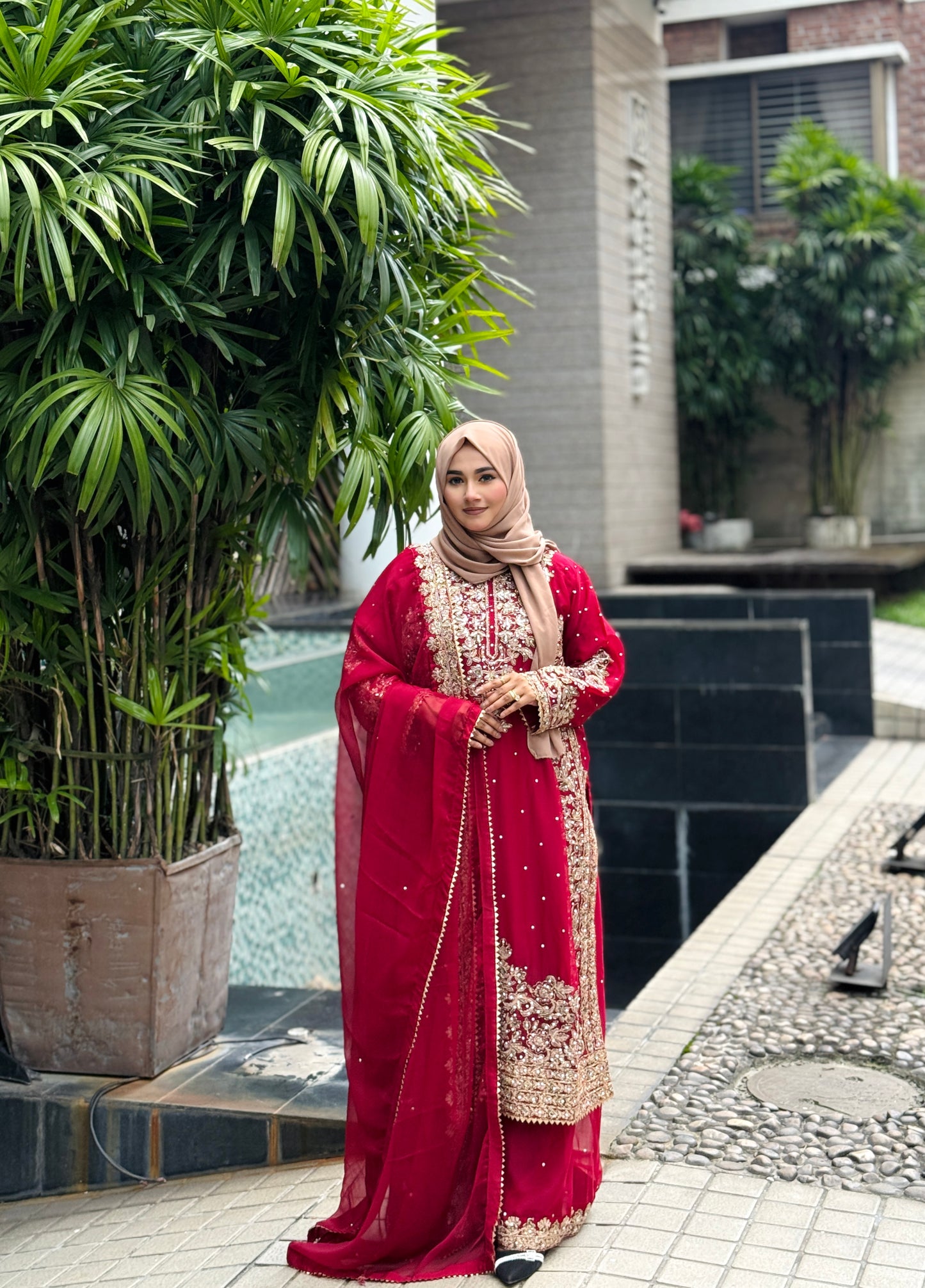 Haseens Official Lamyah Maroon Chiffon Flared Sharara 4-Piece Set