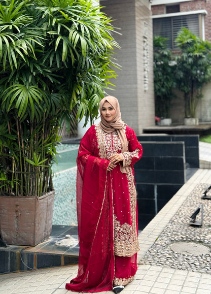 Haseens Official Lamyah Maroon Chiffon Flared Sharara 4-Piece Set