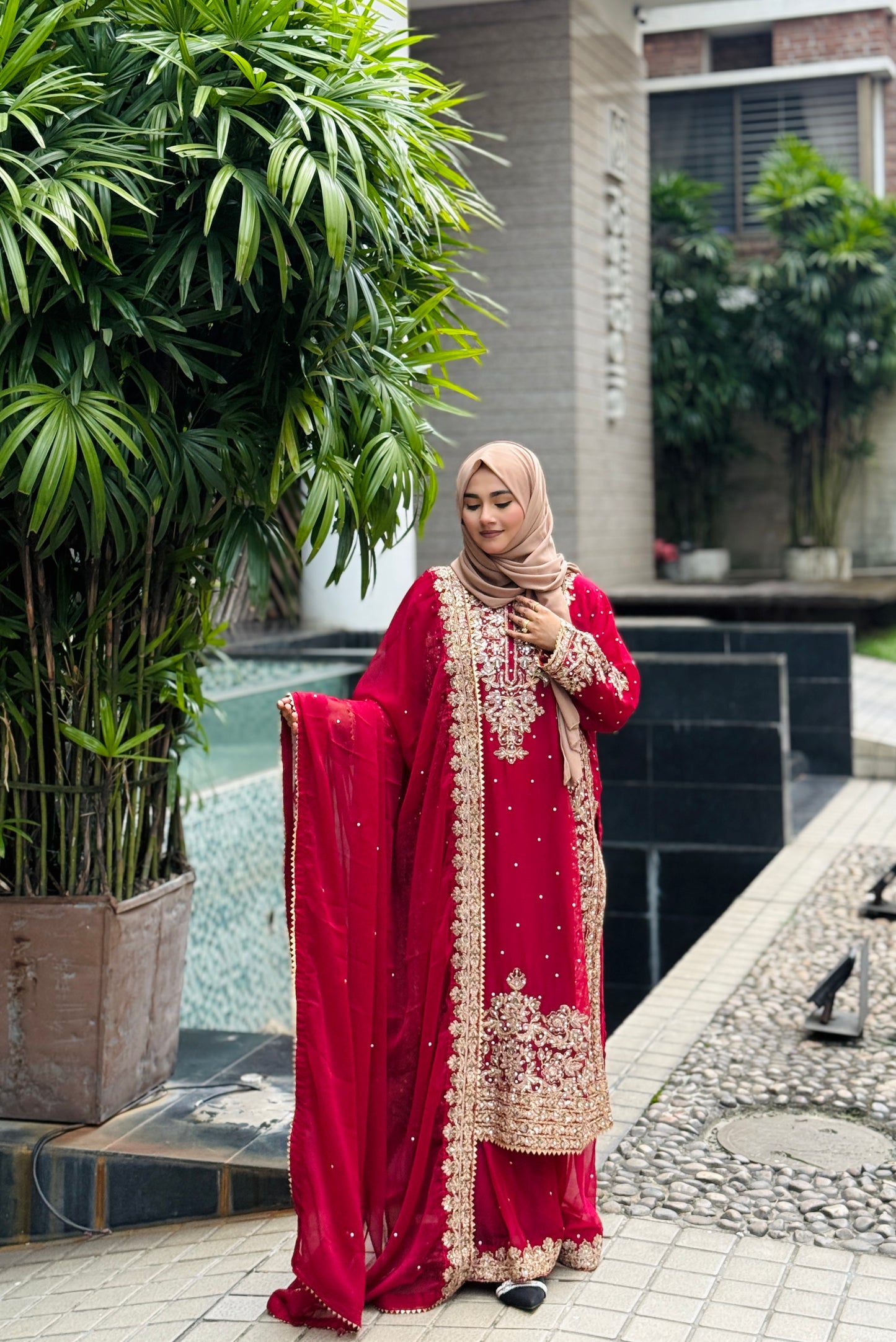 Haseens Official Lamyah Maroon Chiffon Flared Sharara 4-Piece Set