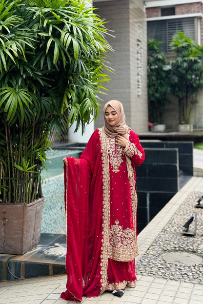 Haseens Official Lamyah Maroon Chiffon Flared Sharara 4-Piece Set