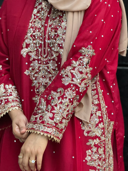 Haseens Official Lamyah Maroon Chiffon Flared Sharara 4-Piece Set