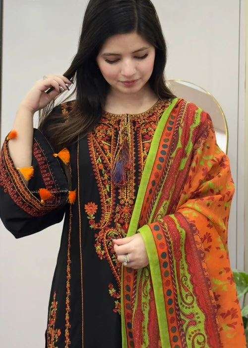 Inaya by Tehzeeb Libas original black embroidered lawn shirt with orange voile dupatta, Pakistani ready-to-wear pre-order at Tajori