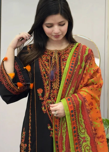 Inaya by Tehzeeb Libas original black embroidered lawn shirt with orange voile dupatta, Pakistani ready-to-wear pre-order at Tajori