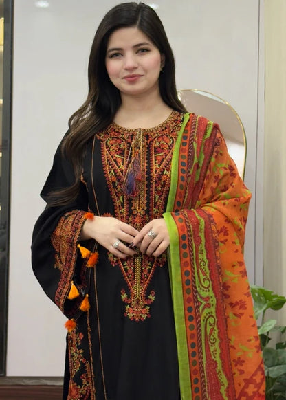 Inaya Tehzeeb Libas black and orange embroidered ready-to-wear outfit, traditional festive fashion pre-order at Tajori