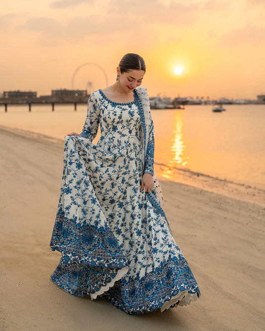 Front view of Hania Aamir in Faiza Saqlain Jehona lawn 3-piece set, luxury Pakistani formal wear
