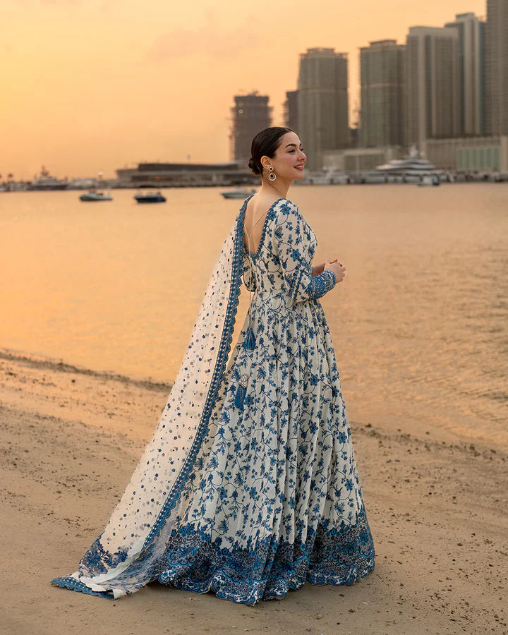 Hania Aamir in Faiza Saqlain Jehona collection at the beach, floral embroidered lawn dress