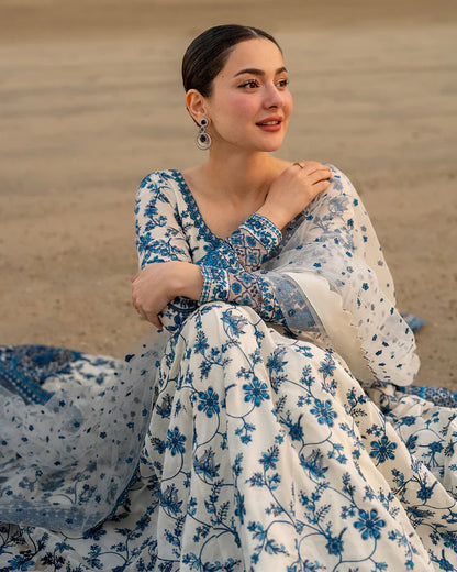 Hania Aamir wearing Faiza Saqlain Jehona lawn suit, blue floral embroidered designer outfit