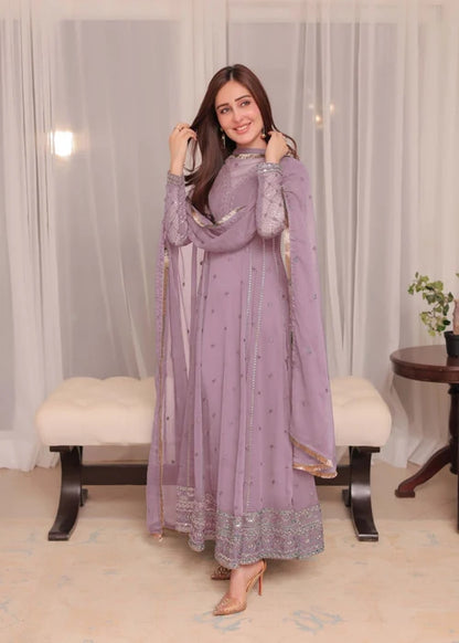 Abaan Zohan Kashish Peacock Blue Chiffon Kalidar Pishwas Front View - Tajori