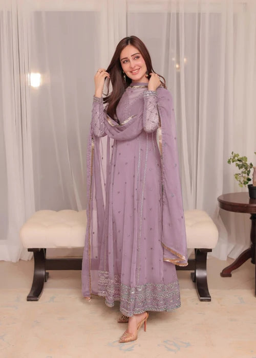 Abaan Zohan Kashish Peacock Blue Chiffon Kalidar Pishwas Front View - Tajori