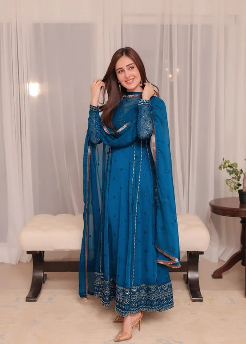 Kashish Peacock Chiffon Dupatta with Kiran Lace and Straight Trouser - Tajori