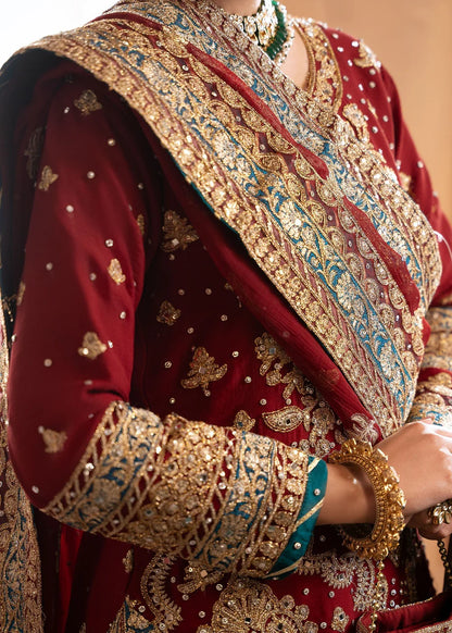 Close-up of a person wearing a red and gold embroidered traditional outfit with a blurred background.