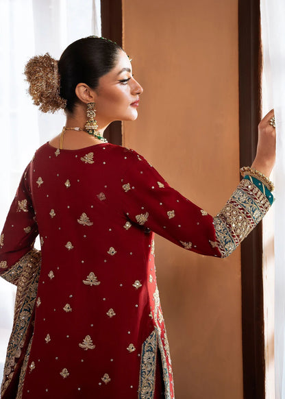 Woman in a red traditional outfit with intricate patterns, standing indoors.