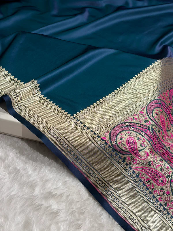 Zaira German Blue Mashru Silk Indian Saree with Minakari floral border, exclusively at Tajori Bangladesh