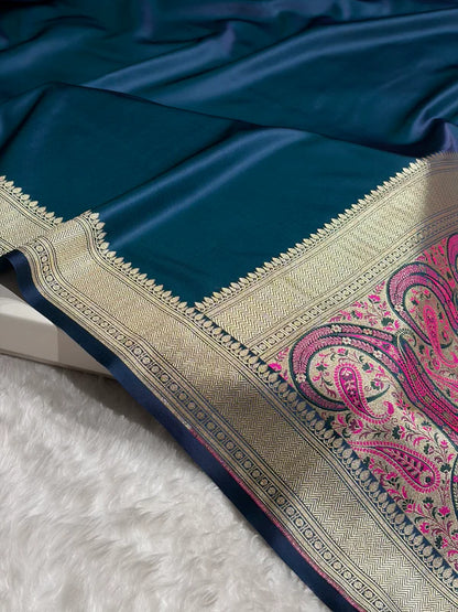 Zaira German Blue Mashru Silk Indian Saree with Minakari floral border, exclusively at Tajori Bangladesh
