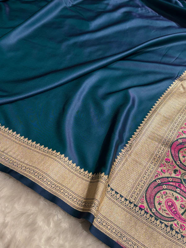 Draped view of Zaira German Blue Mashru Silk Indian Saree showing premium fabric texture, Tajori Bangladesh