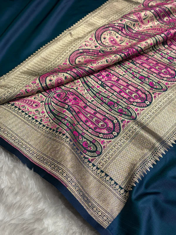 Close-up of intricate Minakari floral border on Zaira German Blue Mashru Silk Indian Saree, Tajori Bangladesh
