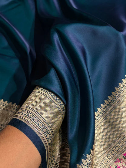 Detailed fabric view of Zaira German Blue Mashru Silk Indian Saree with traditional weave, Tajori Bangladesh