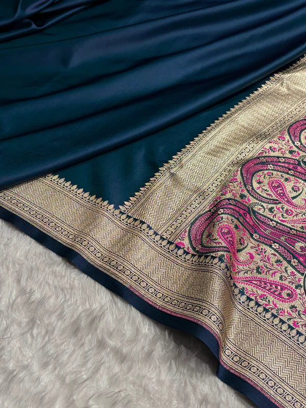 Zaira German Blue Mashru Silk Indian Saree showcasing floral border and satin sheen, Tajori Bangladesh collection