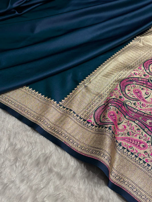 Zaira German Blue Mashru Silk Indian Saree showcasing floral border and satin sheen, Tajori Bangladesh collection