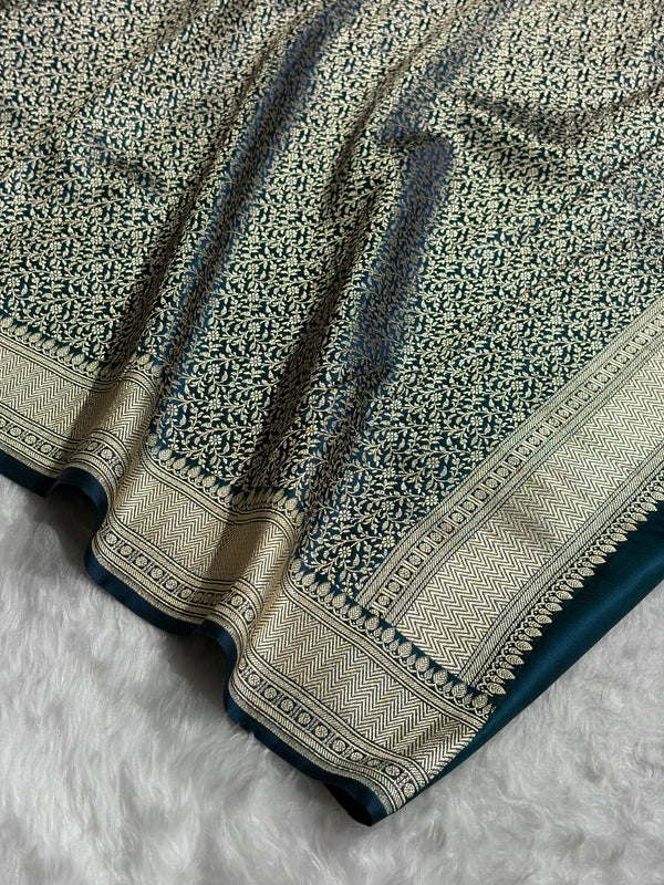 Macro shot of Zaira German Blue Mashru Silk Indian Saree featuring detailed Jacquard weave, Tajori Bangladesh
