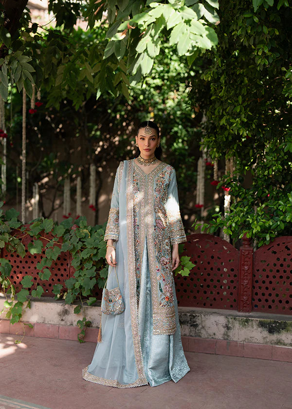 Stunning ice blue Pakistani formal lehenga set by Haseen luxury collection for weddings