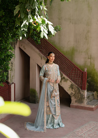 Elegant ice blue designer lehenga ensemble by Haseen, perfect for bridal and wedding wear