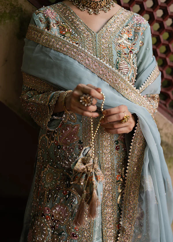 Close-up of intricate hand-embellished embroidery on premium chiffon Haseen lehenga set