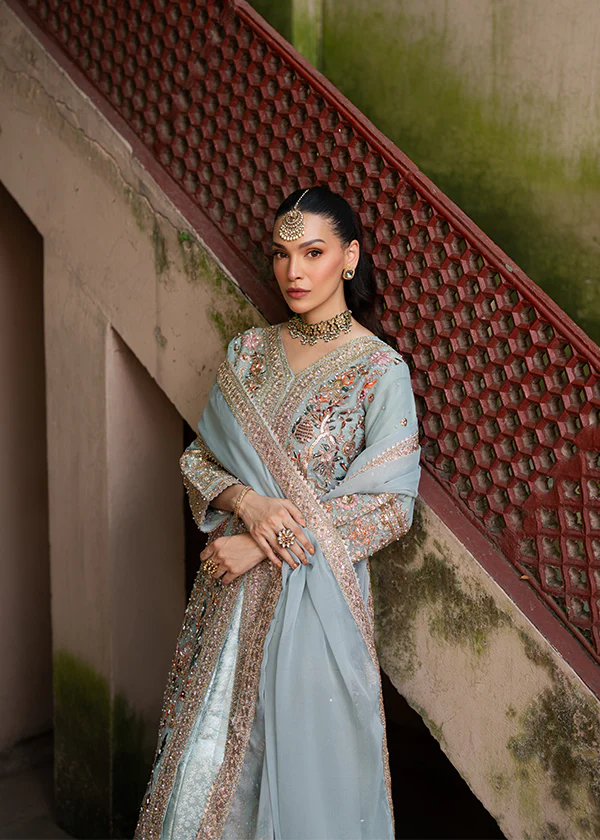 Professional fashion photography of Haseen formal lehenga set in royal ice blue shade