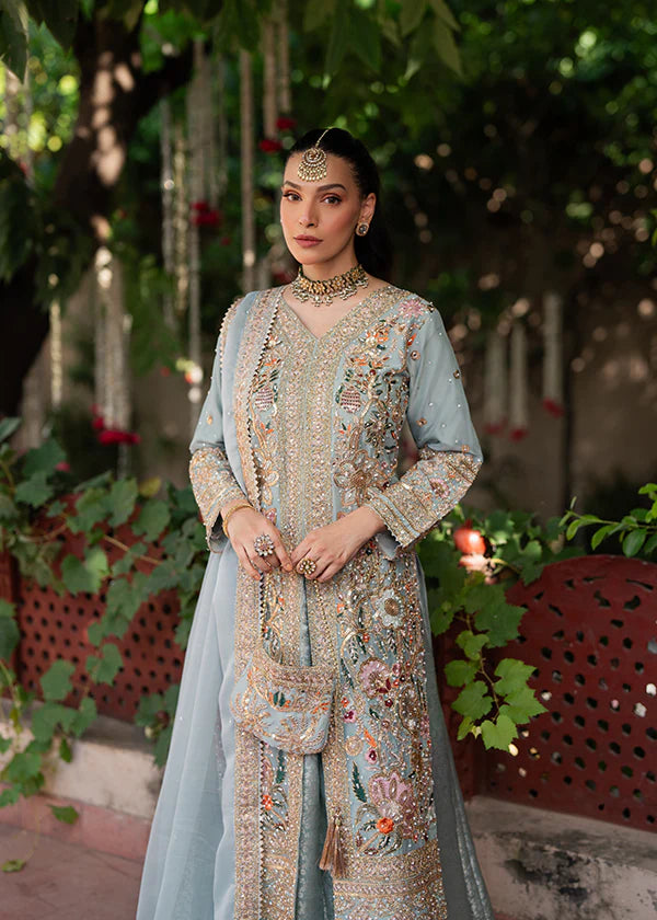 Front view of Mehr luxury designer lehenga suit with intricate thread work and embellishments