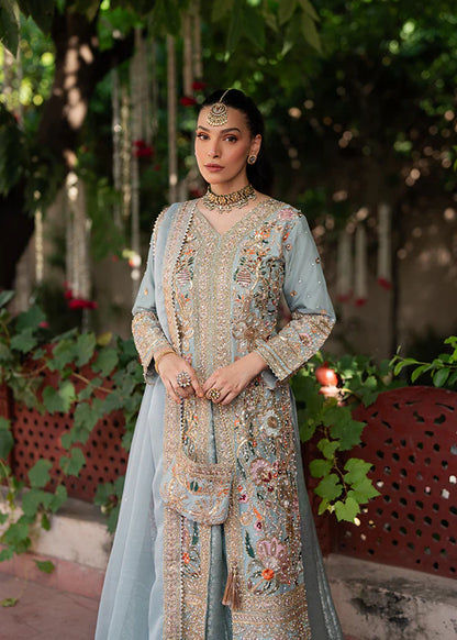 Front view of Mehr luxury designer lehenga suit with intricate thread work and embellishments