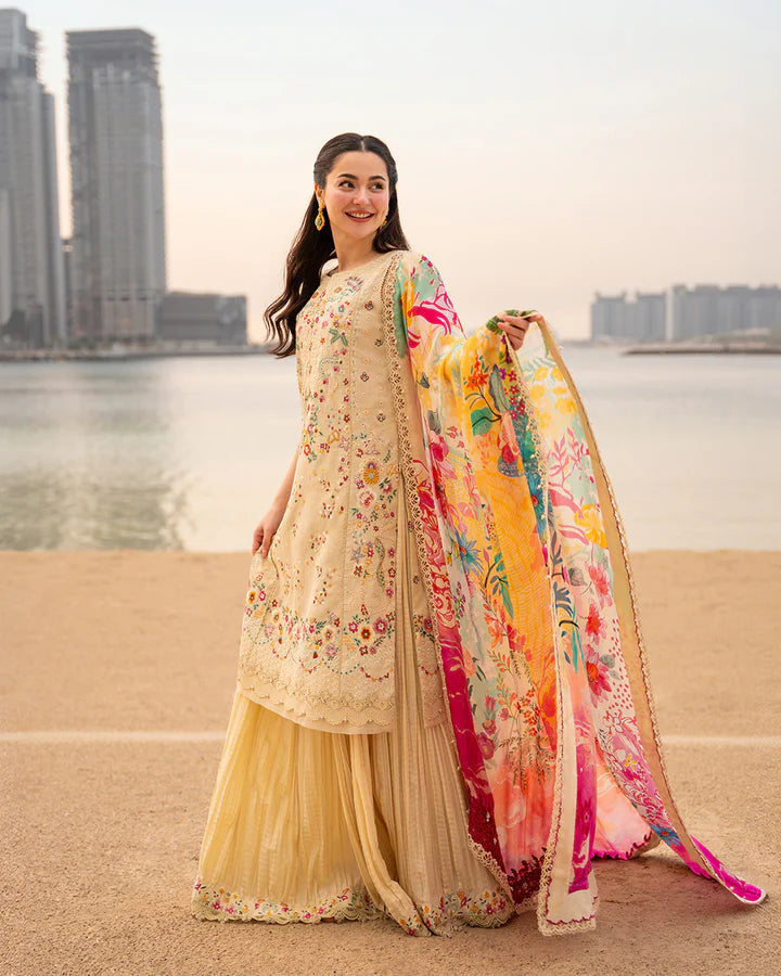 Full view of Hania Aamir wearing Faiza Saqlain Merjem collection, premium vanilla lawn formal wear