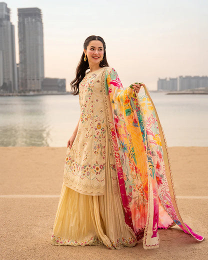 Full view of Hania Aamir wearing Faiza Saqlain Merjem collection, premium vanilla lawn formal wear
