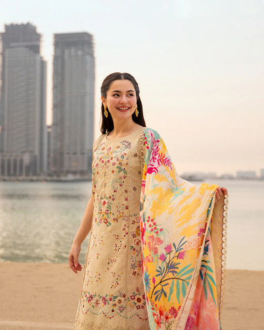 Front view of Hania Aamir in Faiza Saqlain Merjem vanilla embroidered designer lawn outfit