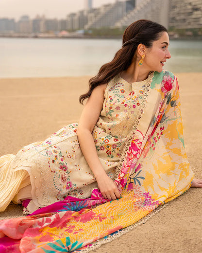 Hania Aamir in Faiza Saqlain Merjem collection, elegant vanilla 3-piece lawn set for summer