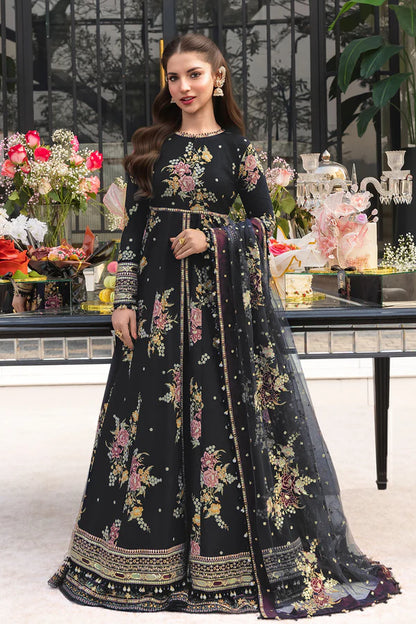 Full view of model wearing So Kamal black premium lawn 3-piece designer suit