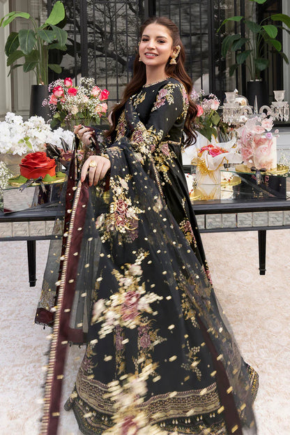 Sophisticated So Kamal black lawn set with elegant flared design, festive collection