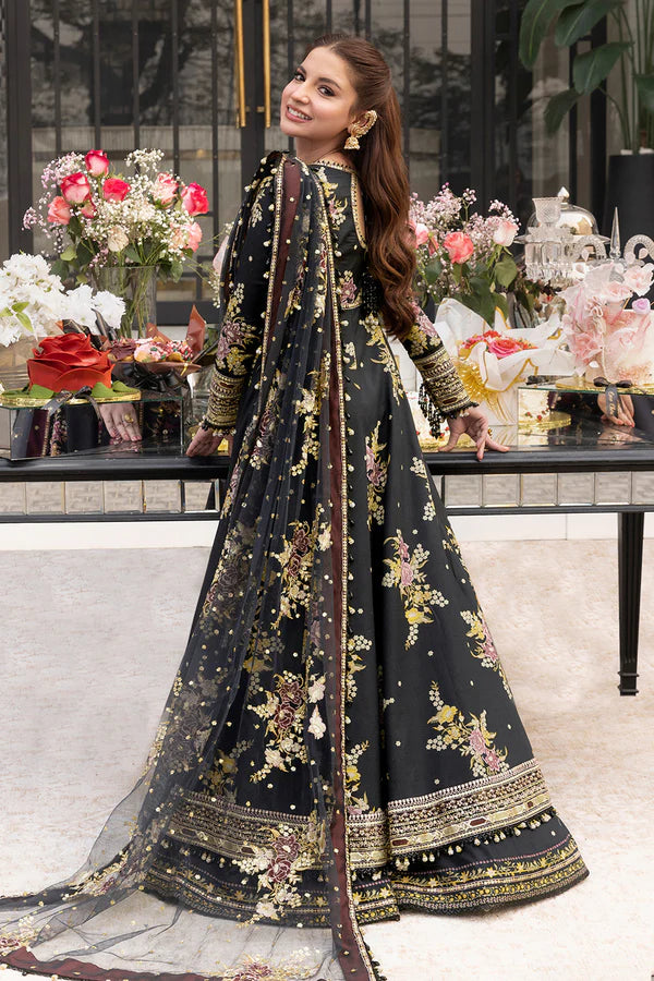 Model in So Kamal black floral lawn suit, premium formal Pakistani ethnic wear
