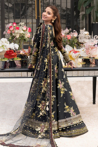 Model in So Kamal black floral lawn suit, premium formal Pakistani ethnic wear