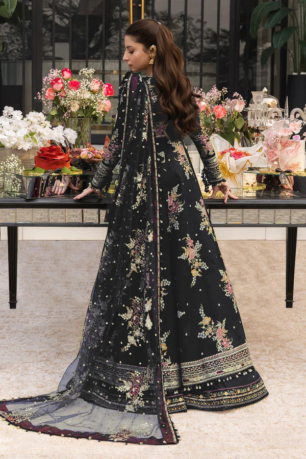 Back view of So Kamal black premium lawn 3-piece suit with intricate floral embroidery