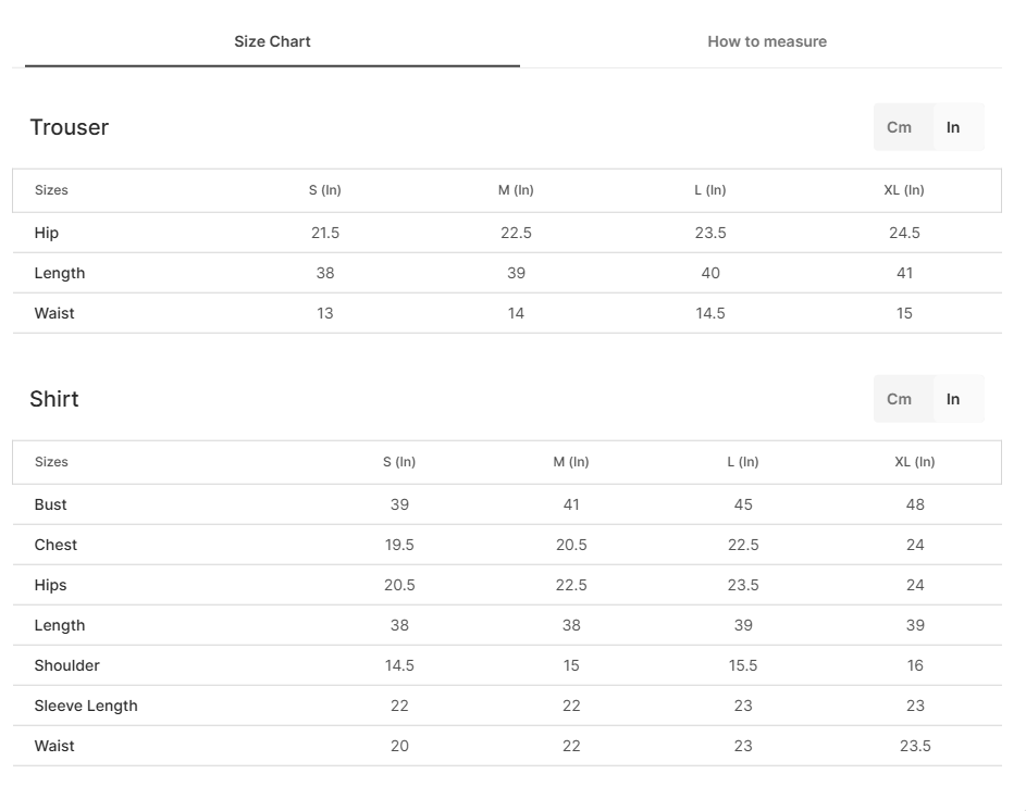 A size chart table showing measurements for trousers and shirts in centimeters and inches, with columns for S, M, L, and XL sizes.