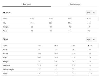 A size chart table showing measurements for trousers and shirts in centimeters and inches, with columns for S, M, L, and XL sizes.