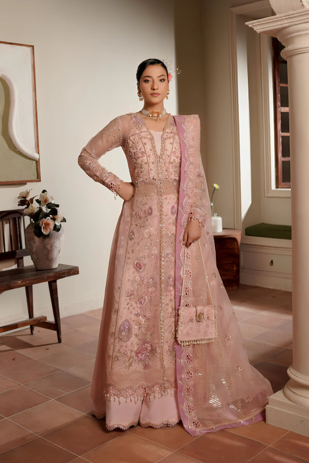 Sunehri-Zee by Maryam's original unstitched luxury pink organza suit with heavy embroidery, Pakistani festive wear pre-order at Tajori Bangladesh