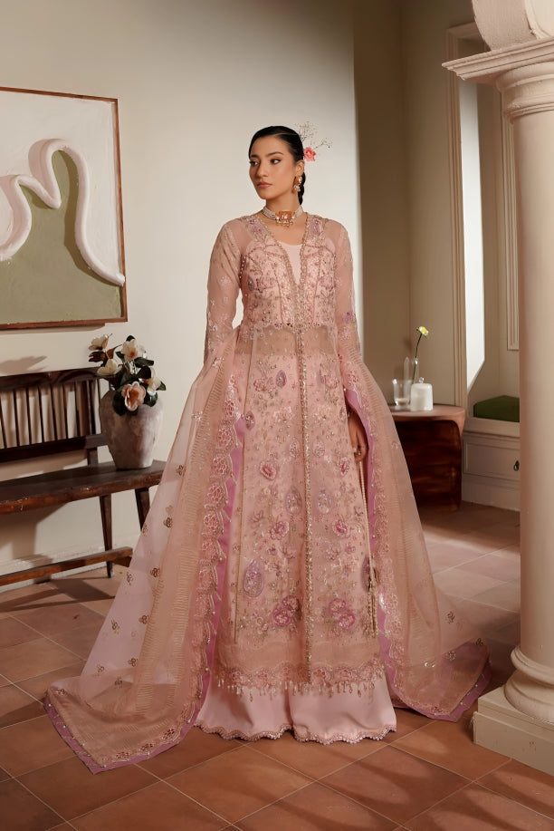 Buy original Maryam's Sunehri-Zee pink embroidered organza designer dress, festive unstitched outfit pre-order online at Tajori