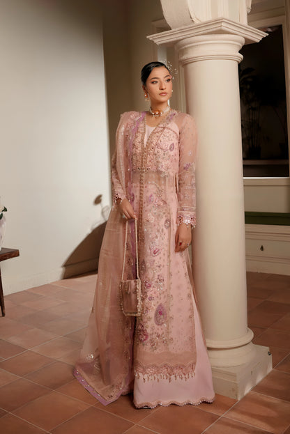 Maryam's Sunehri-Zee pink festive unstitched collection, hand-embroidered organza designer dress pre-order in Bangladesh via Tajori